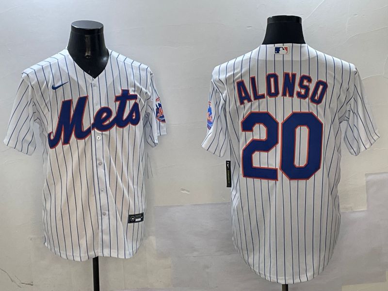 Men New York Mets #20 Alonso White Stripe Game Fashion 2025 Nike MLB Jersey style 1